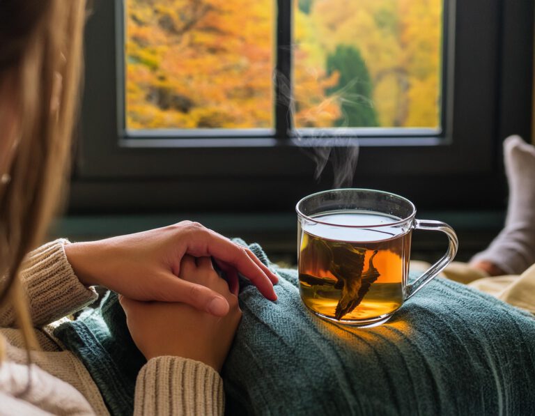 Entspannter Blick aus dem Fenster bei einer Tasse Tee.