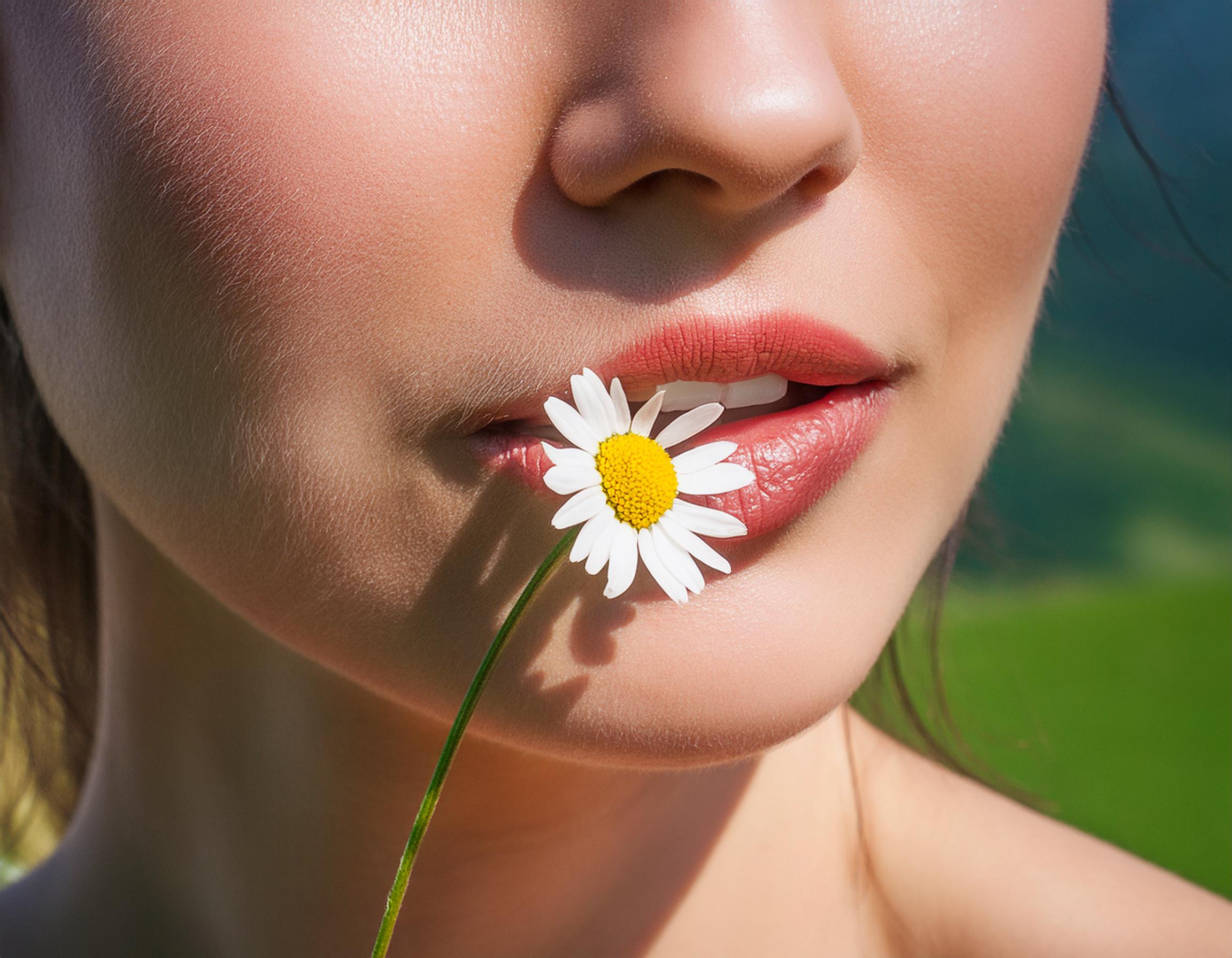 Frau mit gesunden Zähnen hält eine Kamillenblüte an ihre Lippen.